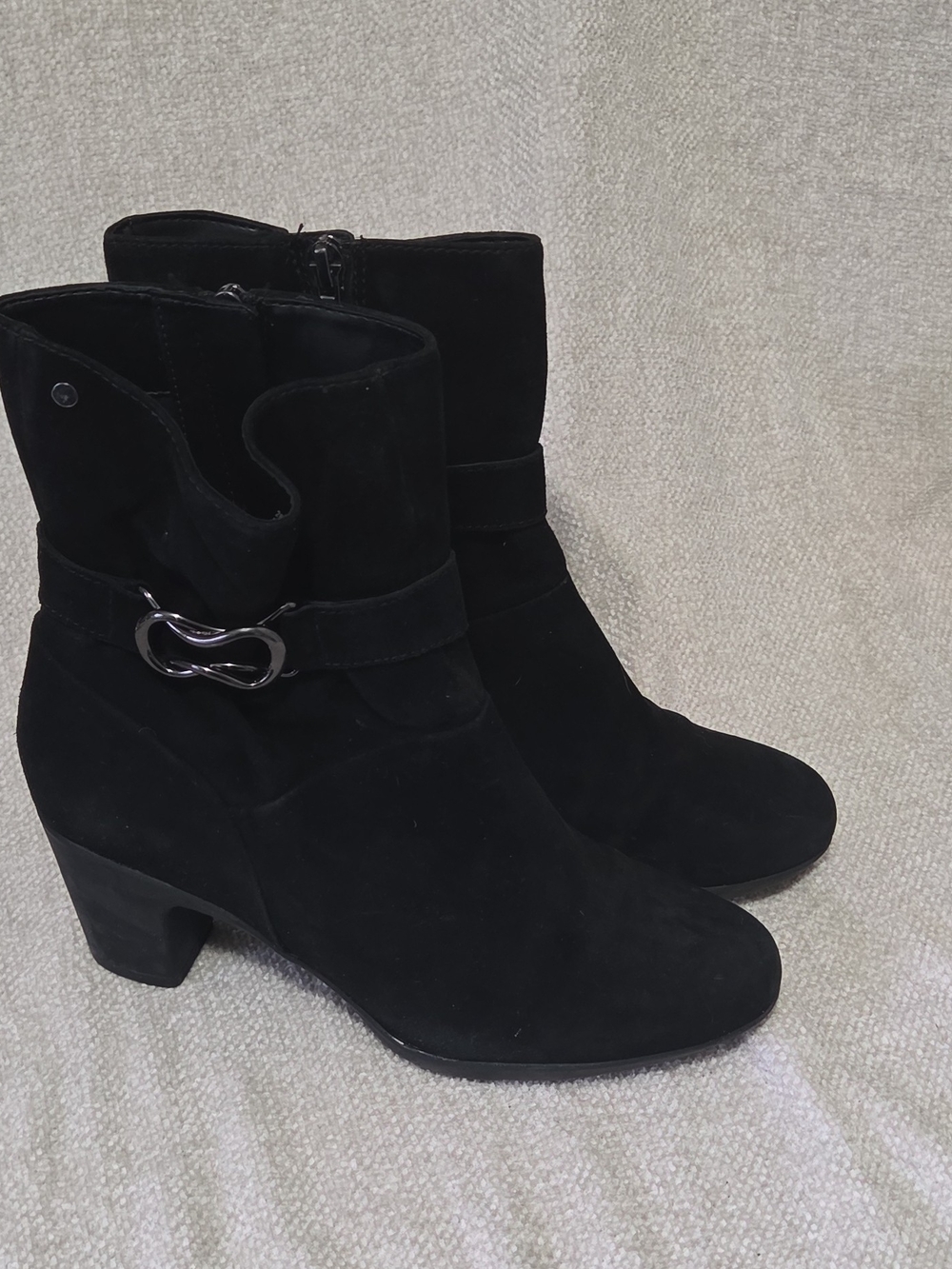 Clarks Black Suede Mid-Calf Heeled Ankle Boots with Silver Accent